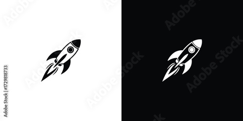 Inverted Rocket Launch Silhouette Design Contrasting Black and White Backgrounds for Versatile Use
