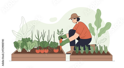 Illustration of a woman harvesting a carrot in a raised garden bed with vegetables and herbs,
