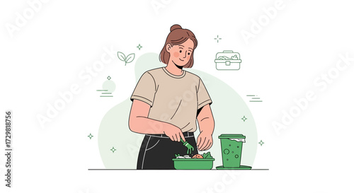 Illustration of a woman preparing a healthy lunch with fresh ingredients for meal prep