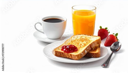 Classic Breakfast with Toast, Strawberry Jam, Coffee and Juice Isolated on White