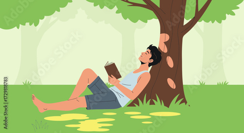 Illustration of a young man relaxing and reading a book under a tree in a park or forest setting