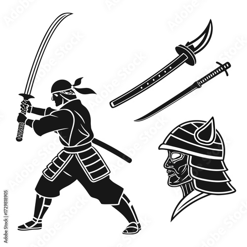 Silhouette of a samurai warrior in action with katana sword and traditional japanese armor helmet and weapons