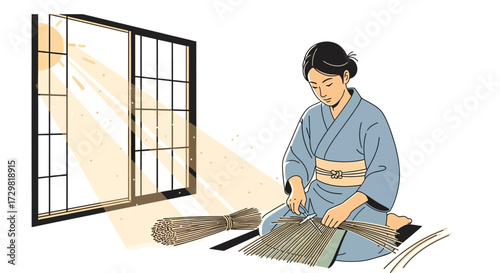 Japanese woman in kimono crafting bamboo blinds in traditional room by sunlight