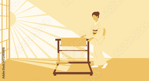 Japanese Woman Weaving Traditional Textile on Loom in Light-Filled Room Creating a Serene and