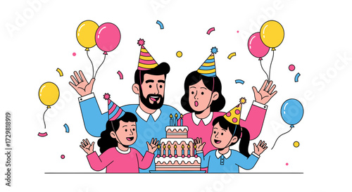 Joyful family celebrating birthday with cake balloons and party hats in festive atmosphere