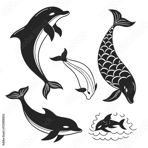 Collection of stylized black silhouette illustrations of various dolphins and a killer whale swimming and leaping in the ocean water