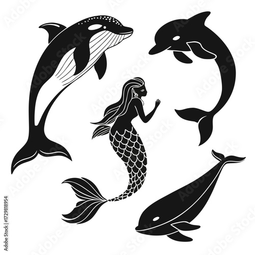 Stylized black silhouette illustrations of a mermaid and various marine mammals including dolphins and orcas swimming in a whimsical underwater scene