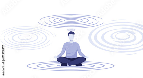 Man in lotus position meditating under calming ripples for stress relief concept