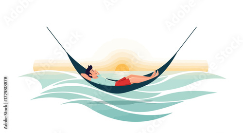 Man Relaxing in Hammock Over Ocean Waves with Sunset Background Illustration
