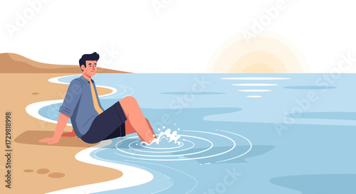 Man relaxing on the beach, enjoying the sunset and the ocean breeze, a serene illustration