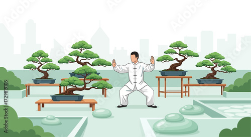 Serene Tai Chi Master in Tranquil Bonsai Garden Balancing Mind Body and Nature Harmoniously