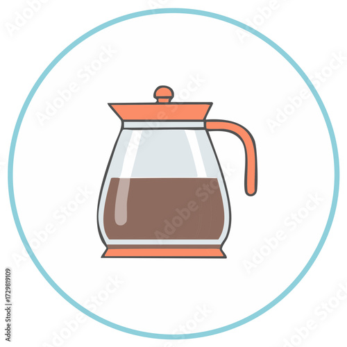 Glass coffee carafe with brown liquid and orange lid and handle inside a blue circle outline