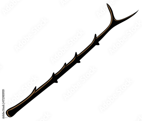 Cartoon illustration of a thorny forked wooden stick or magic wand