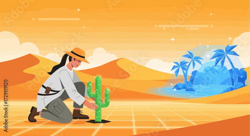 The desert researcher plants a futuristic cactus in a surreal desert landscape, symbolizing hope