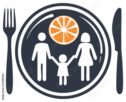Healthy family dinner concept illustration with plate, orange slice, and cutlery on white