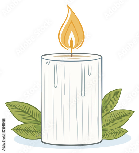 Isolated burning candle with leaves for relaxation, decoration, or spiritual usage.