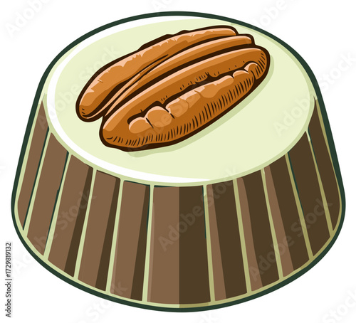Gourmet pecan chocolate cup candy dessert vector illustration