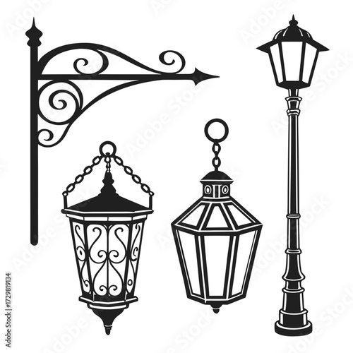 Collection of elegant vintage black silhouette streetlights and hanging lanterns with ornate decorative details on a white background