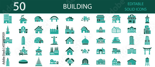 Building solid icons set. Architecture, house, apartment, office, skyscraper, hospital, factory, school, mosque, church, shop and landmark symbols. Editable vector design, real estate and construction