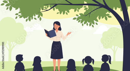 Teacher reading book to children in park, educational outdoor learning scene under a tree