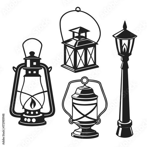 Collection of vintage kerosene lanterns and a classic street lamp in black and white silhouette style