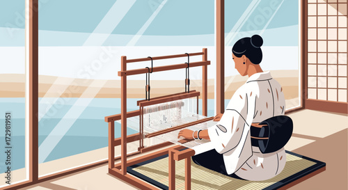 Traditional japanese weaving technique illustrated, a woman working on a weaving loom with sea