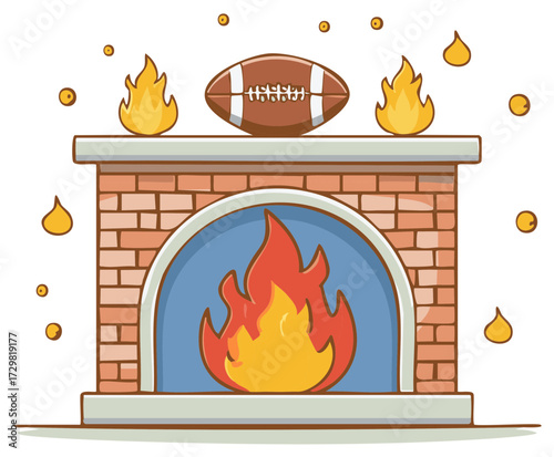 Cartoon American football on a cozy brick fireplace with a warm fire
