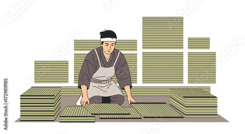 Traditional tatami mat craftsman meticulously preparing flooring materials with focused care and