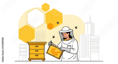 Woman beekeeper in protective suit checking honeycomb near city buildings illustration