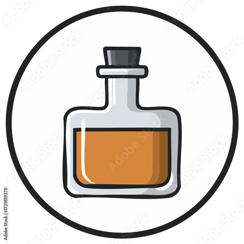 Illustration of an orange potion bottle within a black circular border