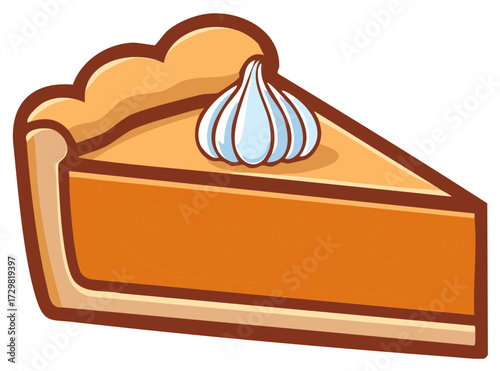 A piece of pumpkin pie with a swirl of whipped cream topping dessert icon illustration