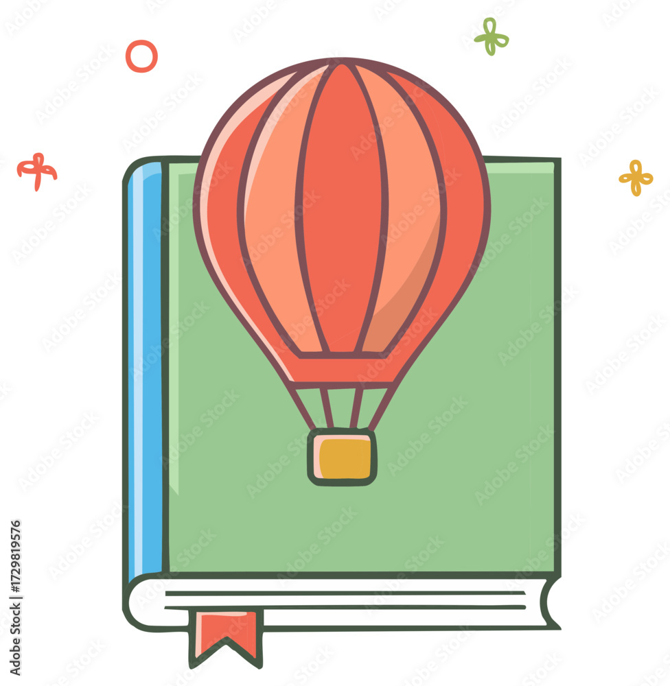 Obraz premium Illustration of a Hot Air Balloon Over a Book Suggesting Travel, Adventure, and Escapism Through Reading