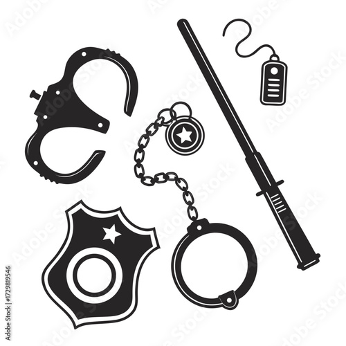 Collection of police equipment including handcuffs badge baton and whistle symbolizing law enforcement and justice