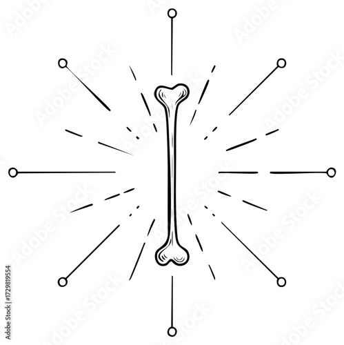 Mystical bone with radiating sunburst lines in an alchemical or esoteric symbol style