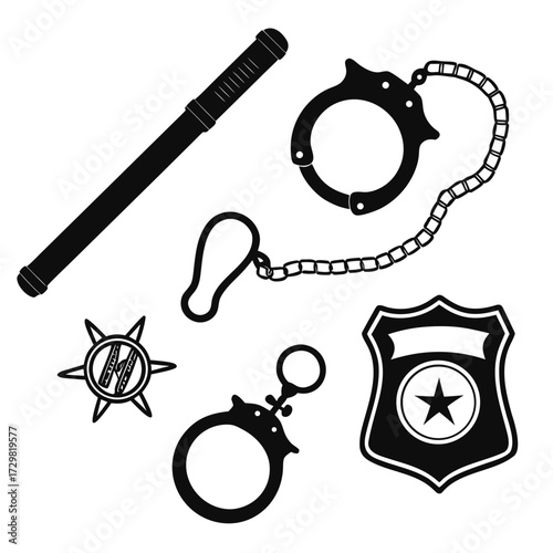 Collection of black silhouette police equipment including a baton handcuffs a badge and a spiked mace on a white background