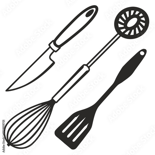 A collection of essential kitchen utensils including a knife a whisk a slotted spatula and a strainer or masher on a white background