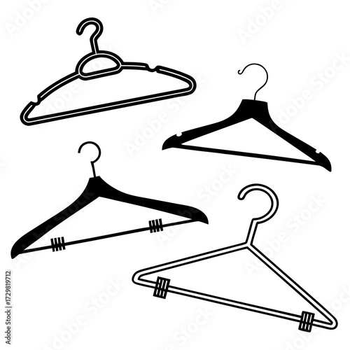 Collection of four different types of clothes hangers including plastic and wooden styles with clips on white background
