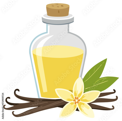 Glass bottle of golden liquid with vanilla beans and flower