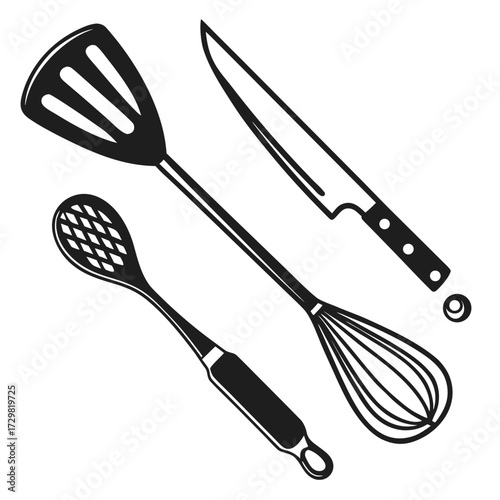 A collection of essential kitchen utensils including a spatula a whisk and a knife depicted in a clean black and white illustration on a white background