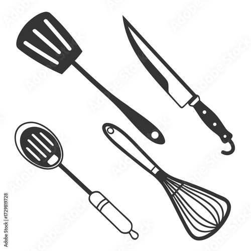 A collection of essential kitchen utensils including a spatula slotted spoon whisk and knife depicted as simple black silhouettes on a white background
