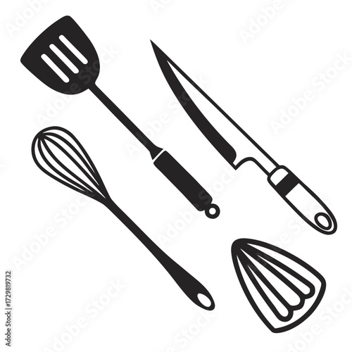 A collection of essential kitchen utensils including a spatula whisk knife and citrus juicer depicted as simple black silhouettes on a white background