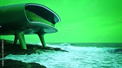 Futuristic Elevated House on Rocky Shoreline Under Green Sky with green screen background 