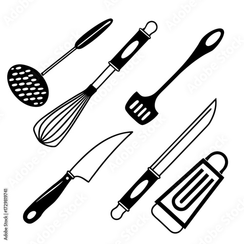 Collection of black and white kitchen utensils including a whisk slotted spoon spatula chef s knife and sharpening steel