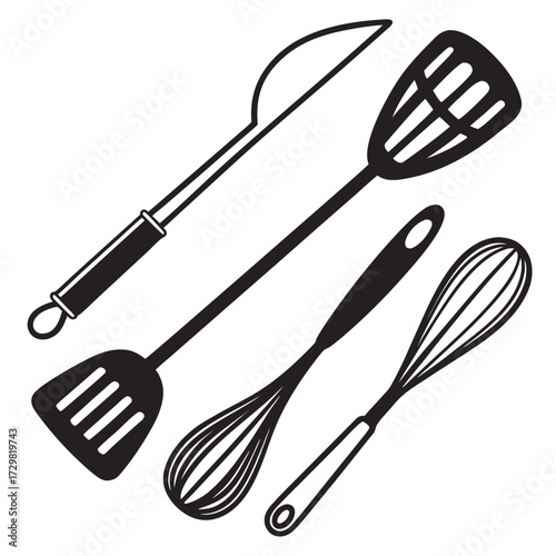A collection of black and white silhouette kitchen utensils including a spatula whisk and knife arranged diagonally on a white background