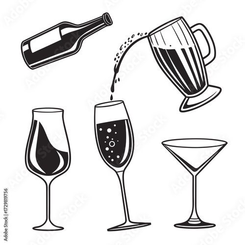 A collection of stylized black and white line art illustrations depicting various alcoholic beverages being poured and served in different glassware