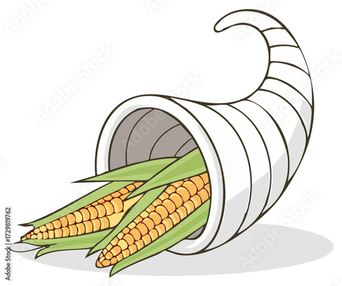 Stylized Cornucopia overflowing with golden corn cobs illustration for harvest season