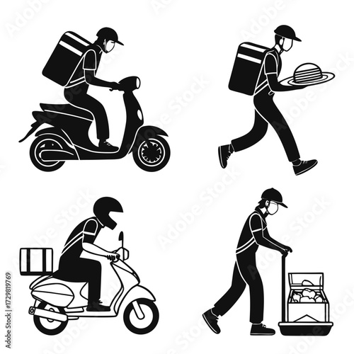 Set of four black and white silhouette icons depicting food delivery personnel in various actions and modes of transport for efficient service