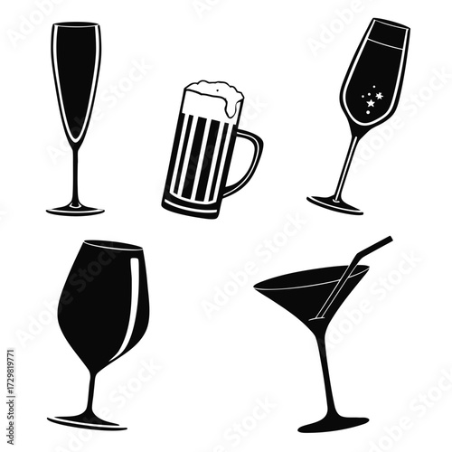Collection of black silhouette icons representing various alcoholic and non alcoholic beverages in different glasses for celebration and parties