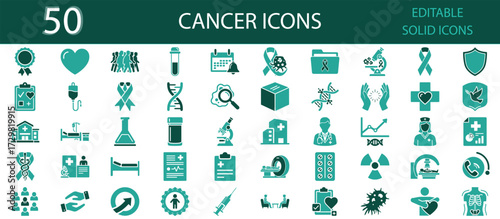 Cancer icons set. Awareness ribbon, oncology, DNA, microscope, research, hospital, treatment, doctor, patient care and medical symbols. Editable solid icons.