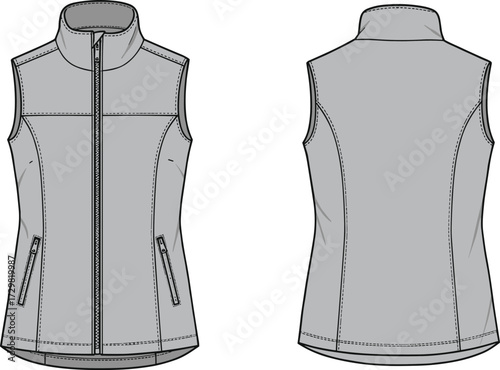 Women’s sleeveless vest cad drawing front and back, fashion flat vector illustration, apparel garment sketch, clothing template, technical fashion design